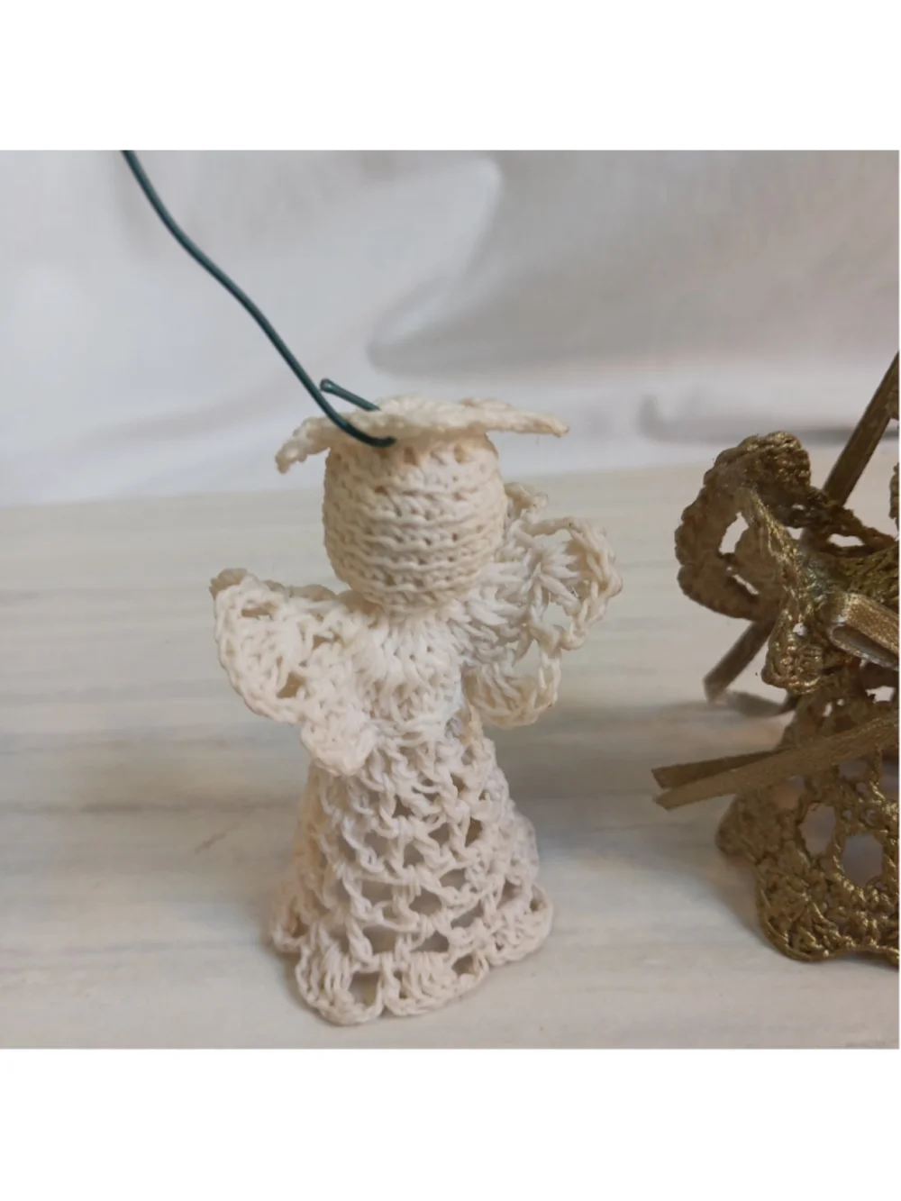 Vintage Handmade Crochet Angel Ornaments Lace Set Of Two Gold , White